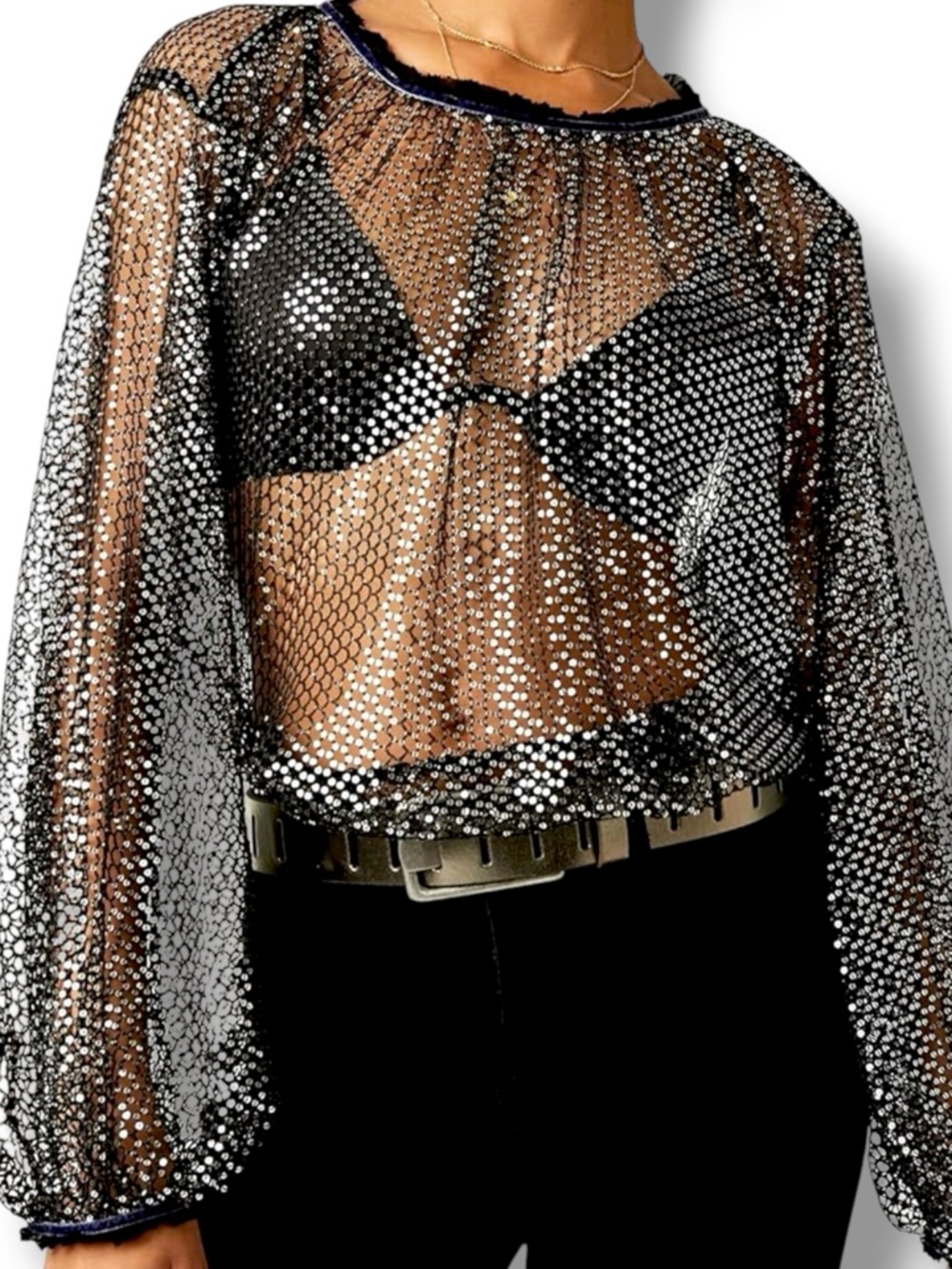Free People Sparks Fly Sequin Sheer Mesh Top Black Velvet Trim Night Out NWOT